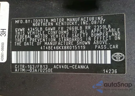 2008 Toyota Camry Ce z USA, uszkodzony, nr VIN 4T4BE46KX8R015119